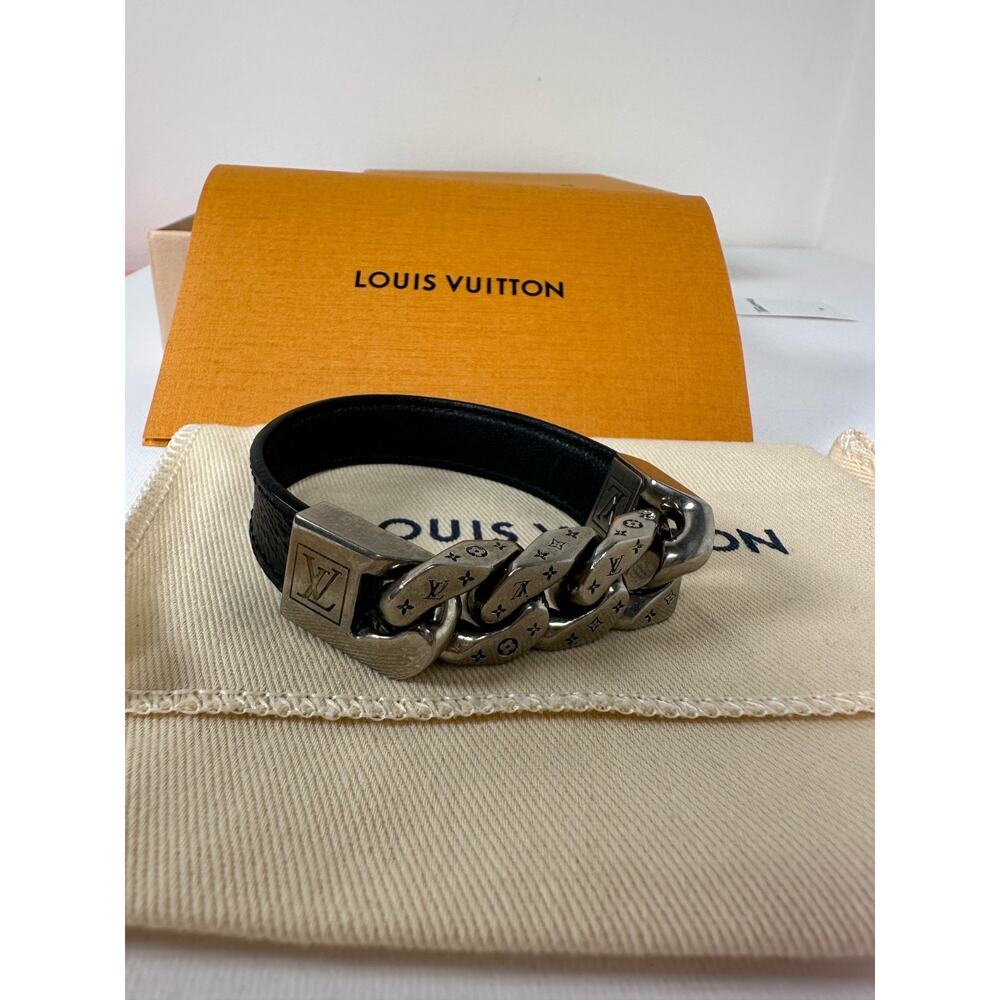 Louis Vuitton Bracelet Chain Link Silver Monogram Leather Strap